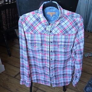 Jachs girlfriend pink and Blue Plaid Casual Button Down Shirt